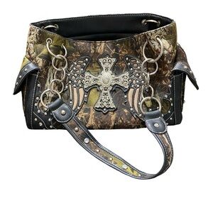 Brown and Black Shoulder Bag with Metallic Cross and Silver Hardware